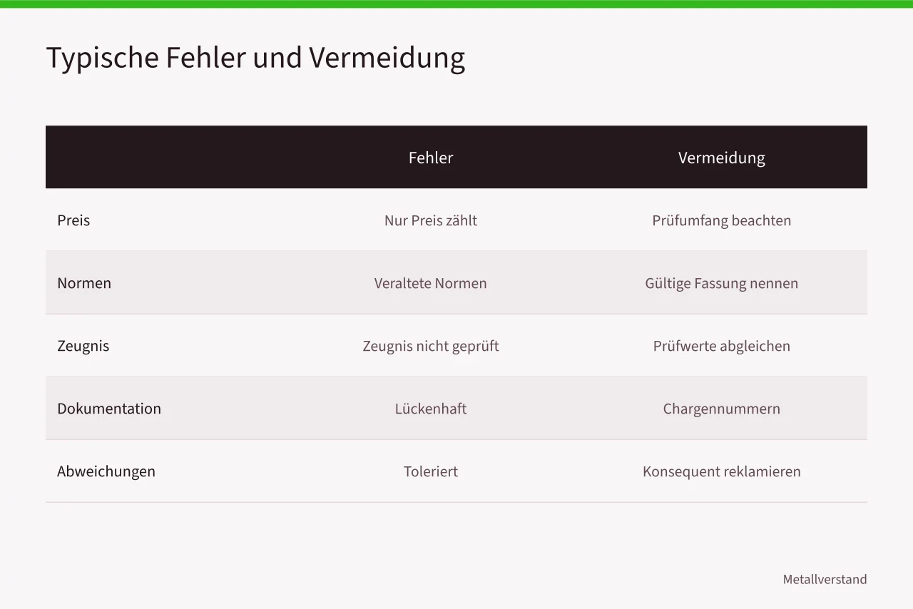Vergleichstabelle typischer Fehler und ihrer Vermeidung beim Halbzeugvergleich (Wie deutsche Einkäufer Metallhalbzeuge nach DIN und BAM prüfen)